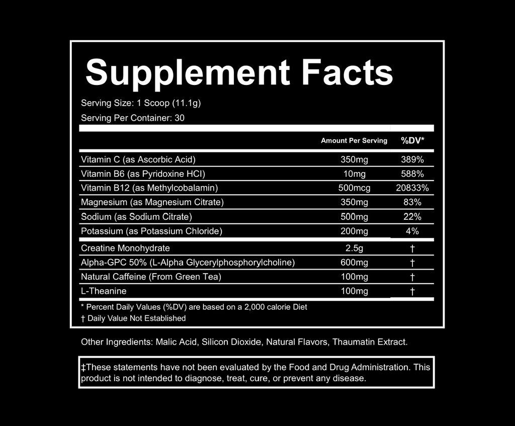 Supplement facts and ingredients list